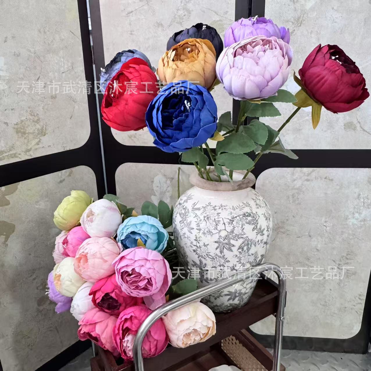 모조 단일 모란 인공 꽃 유럽 스타일의 모란 꽃 복주머니 꽃꽂이 홈 테이블 꽃 액세서리 국경 간 배송