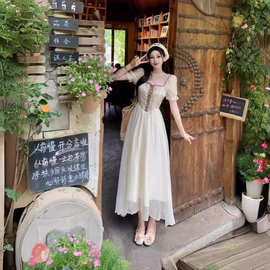 大码女装显瘦遮肚法式复古长裙宫廷风方领短袖连衣裙女夏季新款