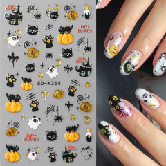 クロスボーダー新しいネイルアートステッカーエンボス加工 5D 立体ハロウィン漫画黒猫カボチャゴーストネイルステッカー