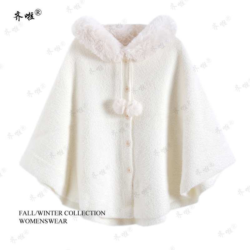Autumn and Winter Hot Sale Fur Collar Hooded Cloak Shawl Imitation Mink Hair Loli Cute Loose Large Size Fur Ball Cloak Cardigan for Women