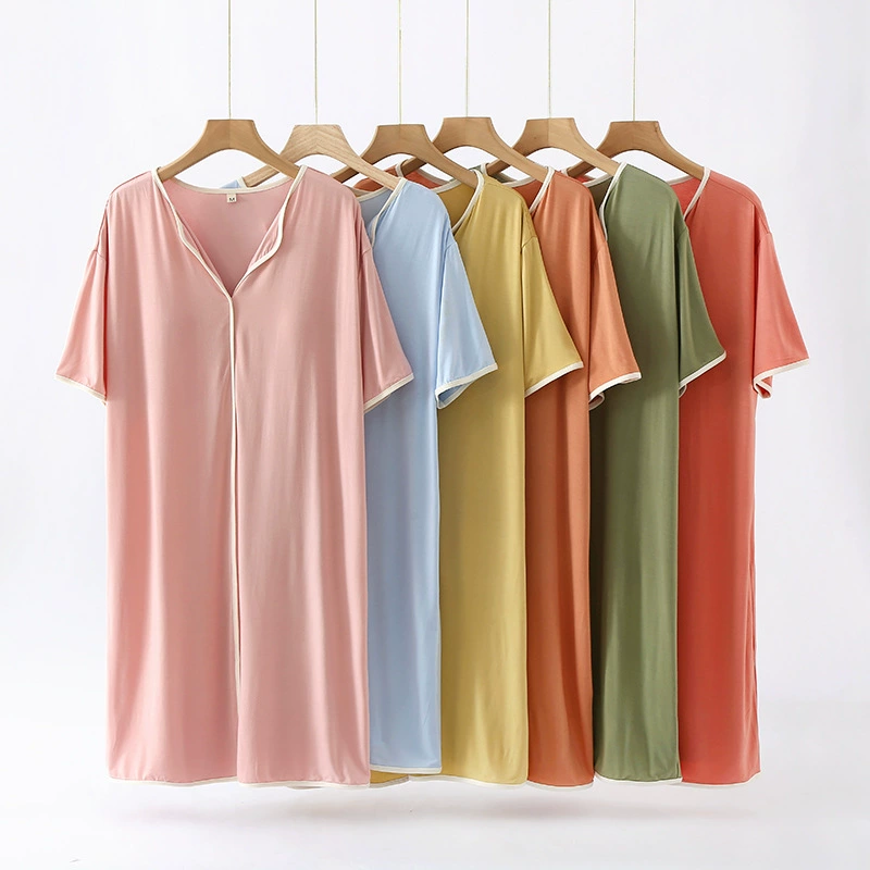 Летняя тонкая женская ночная рубашка из модала с короткими рукавами и подкладкой на груди, дышащая Домашняя одежда, простая верхняя одежда средней длины