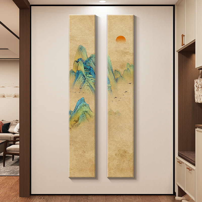 千里江山图玄关装饰画入户正对门挂画新中式书房壁画窄长条组合画