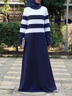 [Cross -border dedicated supply] Middle East fashion classic striped Islamic lady robe daily casual contrasting color dress