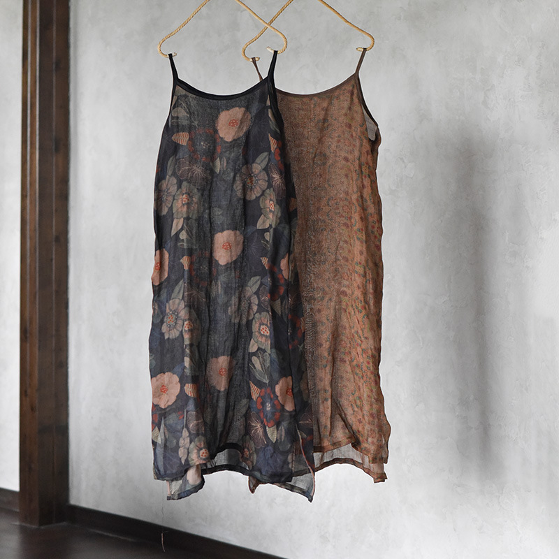 40614 Artistic Comfortable Thin Printed Ramie All-Match Halter Skirt Zen Style Retro Inner Long Skirt Dress