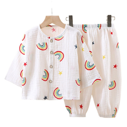 Children's thin double-layer cotton gauze pajamas summer girls' home clothes boys' long-sleeved lantern pants set 