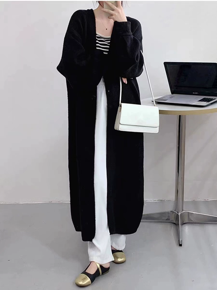 Демисезонное trench coat, длинная вязаная куртка, стиль высокого качества, V-образный вырез
