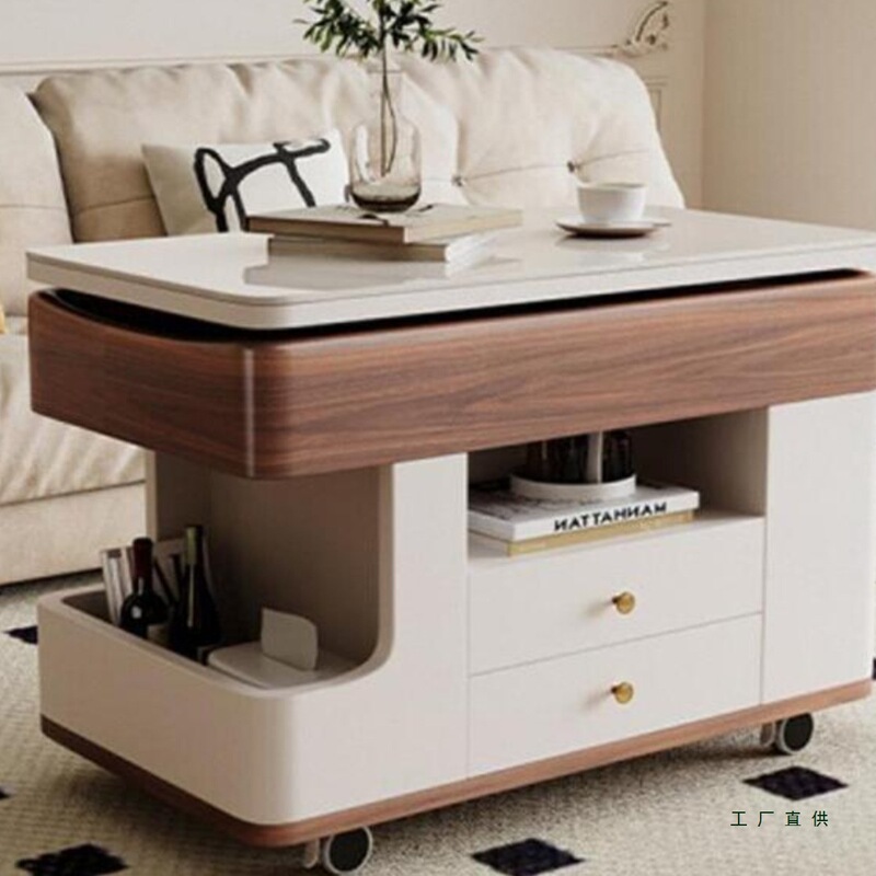 Solid Wood Side Table, Movable Sofa Side Cabinet, Side Cabinet, Small Apartment Living Room Storage Trolley, Slate Lift Coffee Table