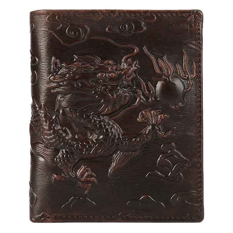 Foreign trade wholesale men's wallet oil wax first layer cowhide embossed dragon pattern retro leather wallet horizontal and vertical silver bag