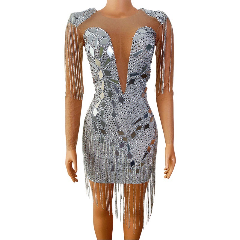 Fábrica de ropa brillante cristal borla sequined sexy vestido las mujeres del club nocturno partido caliente sexo baile Falda corta