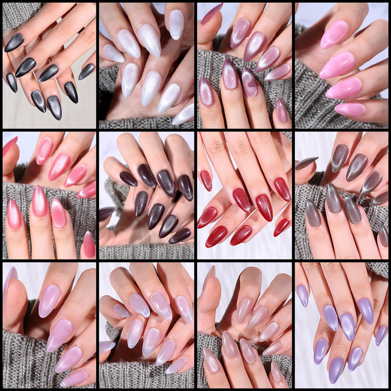 Solid Color Cat Eye Press-On Nails, Medium-Short Almond-Shaped Nail Tips, Glitter Cat Eye Pre-Made Nail Tips, Fake Nail Stickers, Cross-Border