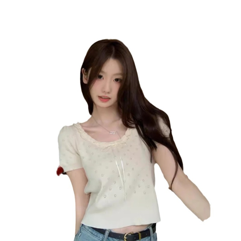 2025年夏新作 レース透かし彫りリボン付きニット半袖Tシャツ レディース 可愛いスリムフィット 学生向けトップス トレンド|undefined