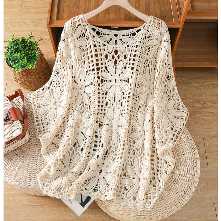 Plus-Size Hollow-Out Crochet Batwing Sleeve Lace Blouse for Women, Summer Thin Style, Stylish Long-Sleeve Knit Top 986 Plus-Size Hollow-Out Crochet Batwing Sleeve Lace Blouse for Women, Summer Thin Style, Stylish Long-Sleeve Knit Top 986