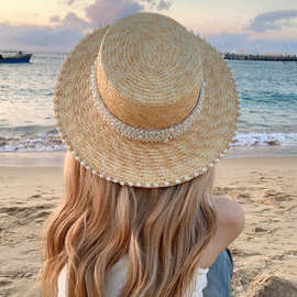 法式复古小香风珍珠麦秆草帽女夏季海边度假沙滩遮阳帽太阳帽礼帽