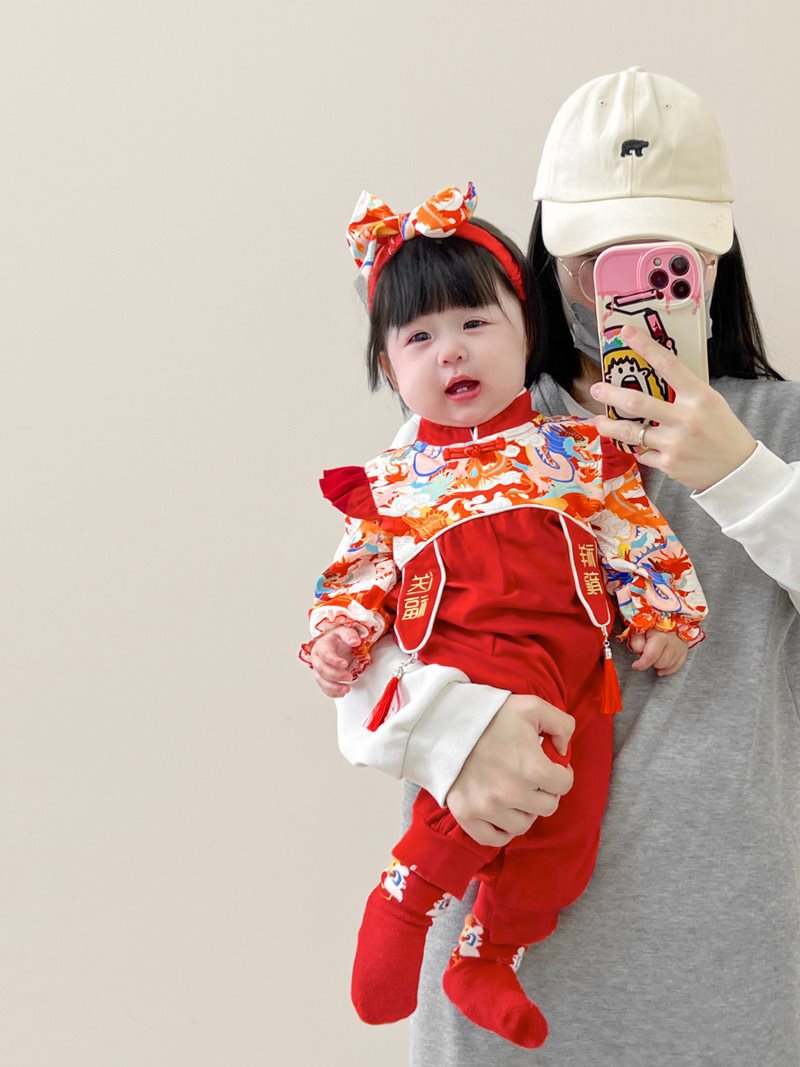 (2개) 의 봄과 가을 올인원 중국 스타일 축제 1 년 된 원피스 소녀의 새해 행복한 원피스 슈퍼 귀여운 등반 원피스