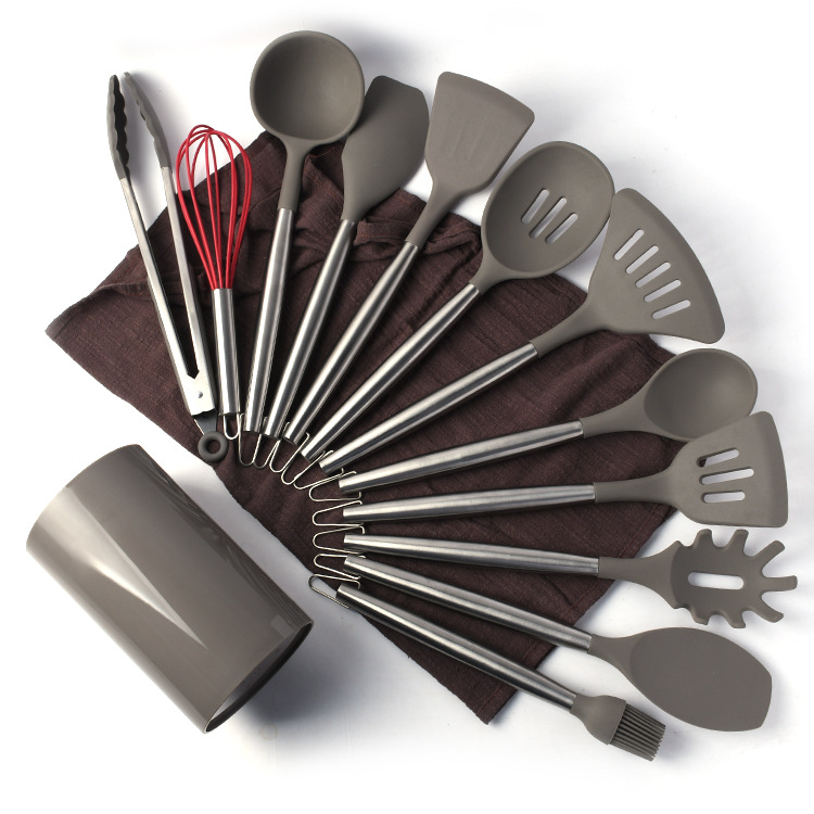 跨境硅胶铲11件套不锈钢柄硅胶厨具套装亚马逊烹饪工具捞篱勺铲