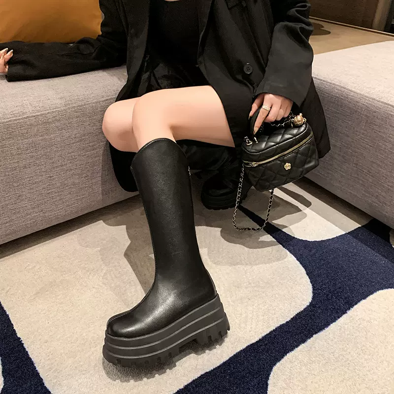 复古英伦风粗跟厚底长筒靴女2025新款春秋显瘦v口不过膝骑士靴子