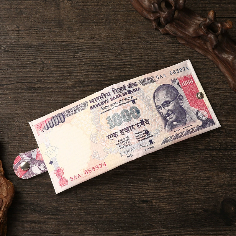 Short Wallet Canvas Card Holder, Compact 10.5×8.5×0.8 cm, Printed Currency Designs