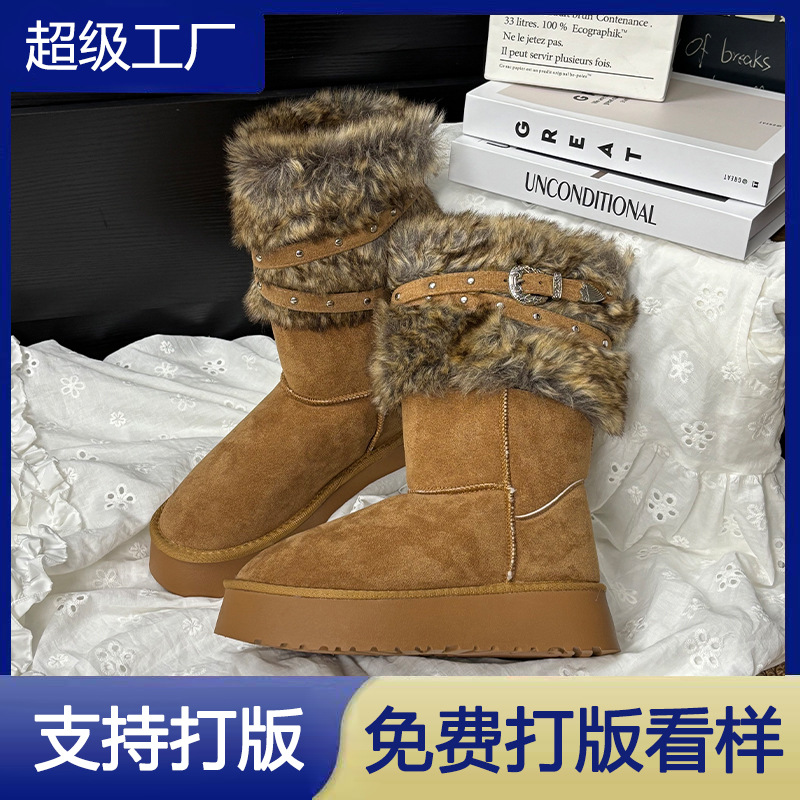 小众豹纹高筒雪地靴女2025秋冬新款东北加绒加厚不过膝长筒靴棉鞋