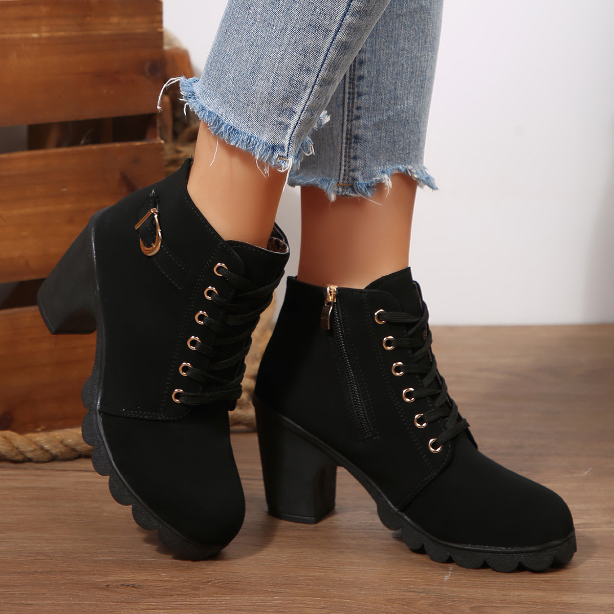 ShoeVault Women's Leather Low-Cut Chunky Round Toe High Heel Lace-Up Brown Ankle Boots Spring Autumn Plus Size Height Increasing_vogvips.com