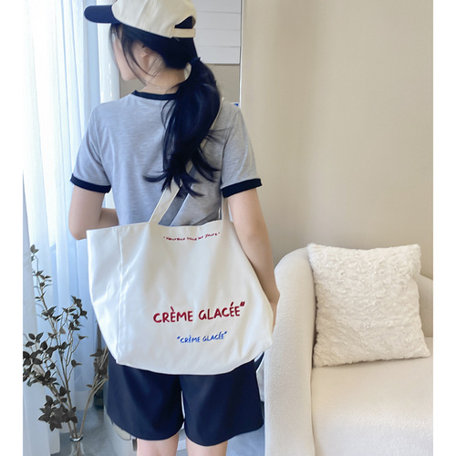 Yue Language/Large Capacity Tote Bag with Double-Faced Striped Single Strap Canvas Bag with Texture Embroidery Student Commuter Bag