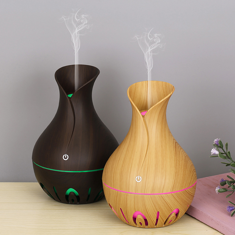 Wood Grain USB Car & Home Aroma Diffuser With 7-Color LED, 500ml Capacity, Ultrasonic Humidifier For Office, Bedroom, And Travel_voghion.com