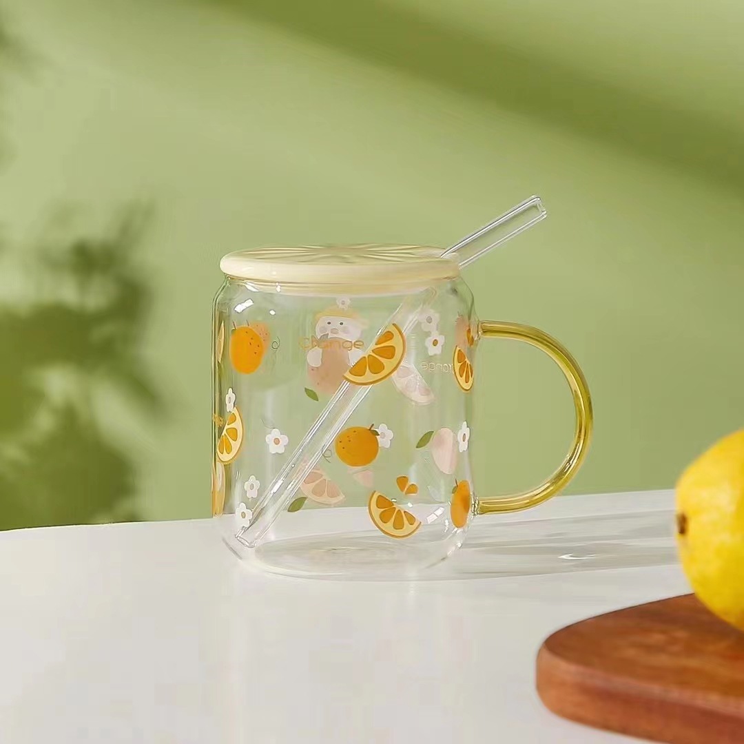 Regalo creativo de la historieta fruta vidrio con tapa paja personalizada taza potable simple puede en línea celebridad