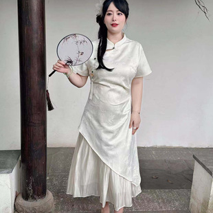37196 summer new new Chinese style stitching cheongsam 2024 summer new simple fresh plus size dress