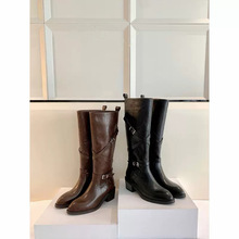 牛皮版尖头交叉扣带高跟靴子真皮粗跟高筒长靴显瘦机车靴女骑士靴