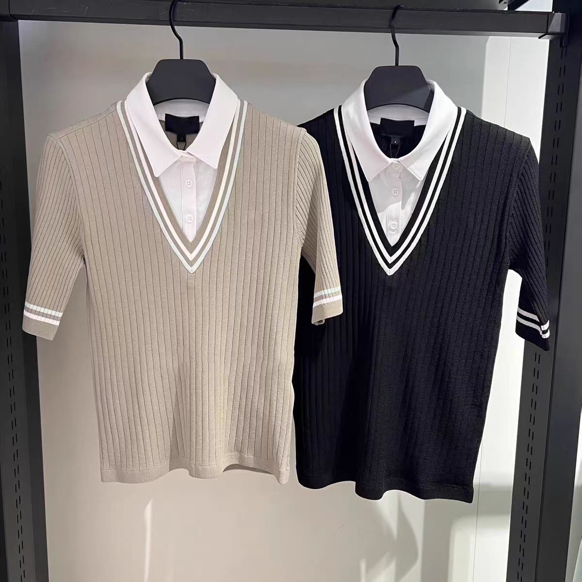 Spring and Autumn Korean Women's Golf Two-In-One Short-Sleeve T-Shirt, Sporty Casual Slim-Fit Versatile Top