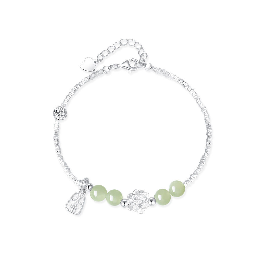 Jiu Feng Xiang Pure Silver Good Luck Bracelet Fortune Lotus Fragment Silver Bracelet Hetian Jade Chinese Style Jewelry Hong Guang