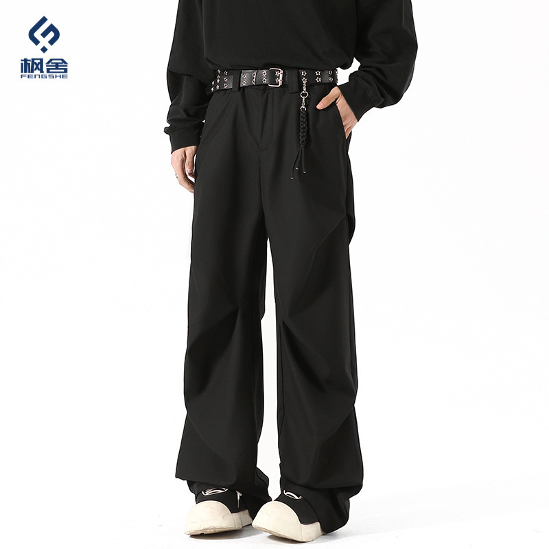 Fengshe Men's Clothing / Autumn American Style Trendy Wrinkled Floor-Length Pants with Draping Effect, Loose Straight-Leg Dress Pants, Long Trousers