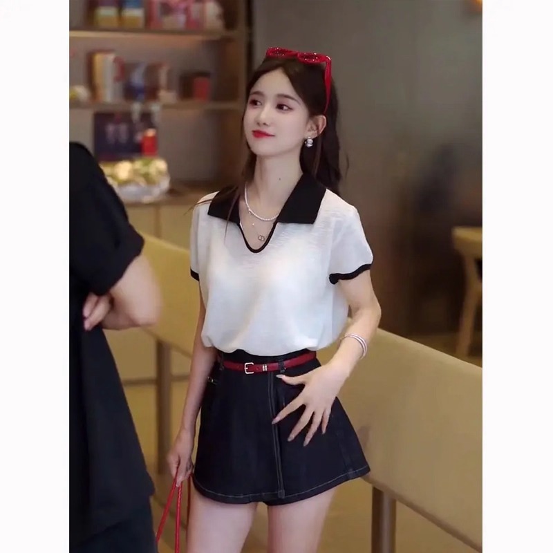 2025 夏服韓国風コントラストカラーポロカラー半袖 Tシャツレディース万能ハイウエストデニムキュロットツーピーススーツ|undefined