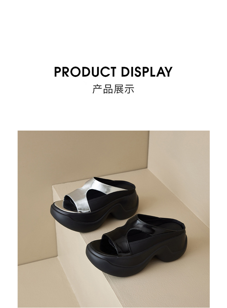 Dép xỏ ngón nữ đế dày da thật 8cm phong cách platform hở mũi — đen, bạc chi tiết 20