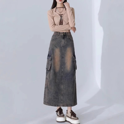 Vintage Cowboy Skirt Semi-annual Skirt New Women Spring Autumn Petite Long Length High-waist Bubble Butt A-line Skirt