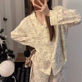 全棉纱布睡衣女春秋款 复古小碎花翻领开襟 坑条纹长袖长裤套装