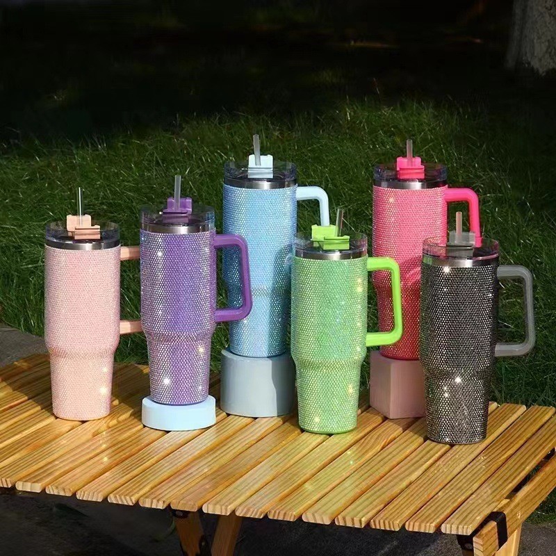 Taza de mango de 40oz con incrustaciones de diamantes en punto, de gran capacidad, acero inoxidable 304, diamante hecho a mano, taza de coche de piedra del Rin