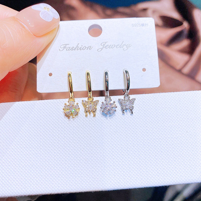 Fashion Flower Butterfly Earrings Gold Plated Zircon Inlaid Earrings Wholesale