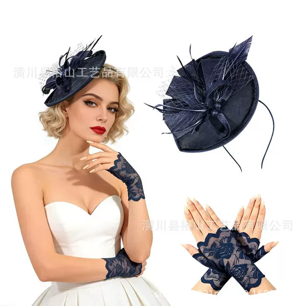 Amazon hair accessory and glove set, European and American style small top hat, mesh feather headpiece, handmade headpiece for horse racing festival banquet