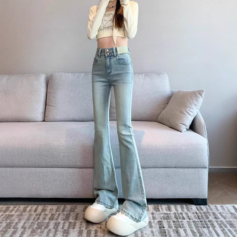 Light Color American Style Retro Micro-Lar Jeans Women's 2024 Summer Small High Waist Slimming Stretch Trailing Flared Pants