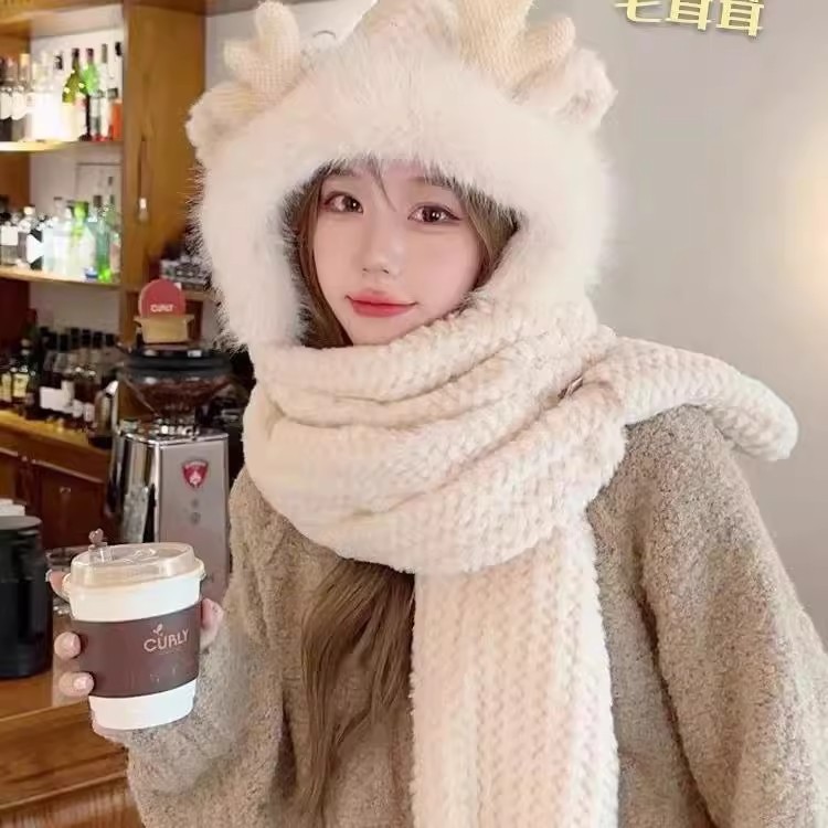 圣诞帽子围巾手套三件套冬季防寒保暖可爱鹿角加厚毛绒帽三合一女