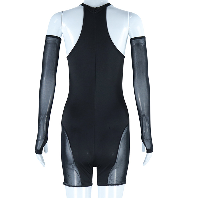 Mesh Stitching Close Fitting Union Suit Solid Color Sexy See through One Piece Trousers Breathable Bodybuilding Leggings Women