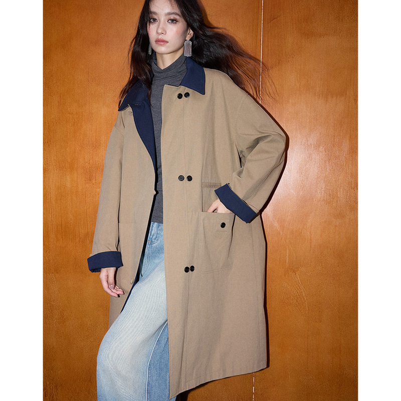 【Shengdu】26 Spring New Korean Style Retro Patchwork Color-Block Lyocell Cotton Loose Versatile Mid-Length Trench Coat for Women