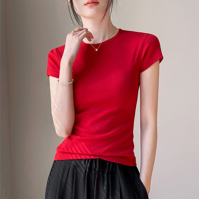 High-Quality Red Pure Cotton Short-Sleeve T-Shirt for Women, Slim Fit, Summer Korean Style, Flattering and Stylish, Waist-Cinching Top
