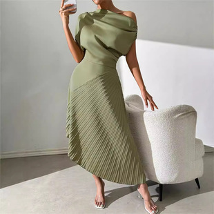 Amazon European and American Summer New Elegant Slant Shoulder Collar Pleated Bag Hip Design Irregular dress Women