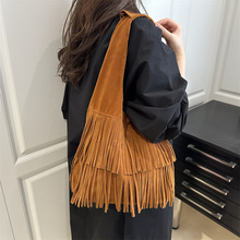 美拉德风秋季流苏包女包包2025新款复古鹿皮绒托特包大容量腋下包