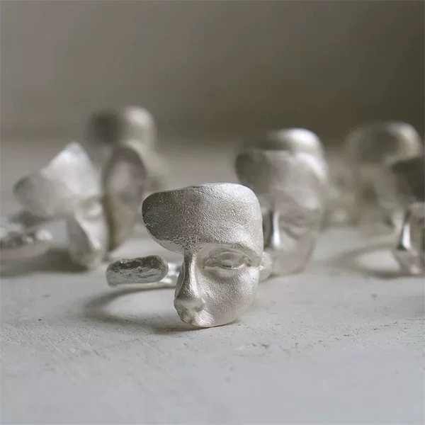 Burnt White Texture Mask silver Handmade Opening Ring All-match Personality Mask Ring Frosted Niche High-end Jewelry
