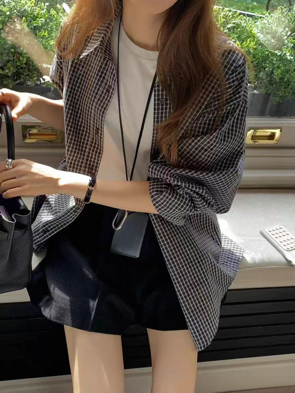 现货 2025秋季新款韩版OU*CE宽松气质简约翻领细格子长袖衬衫上衣|undefined