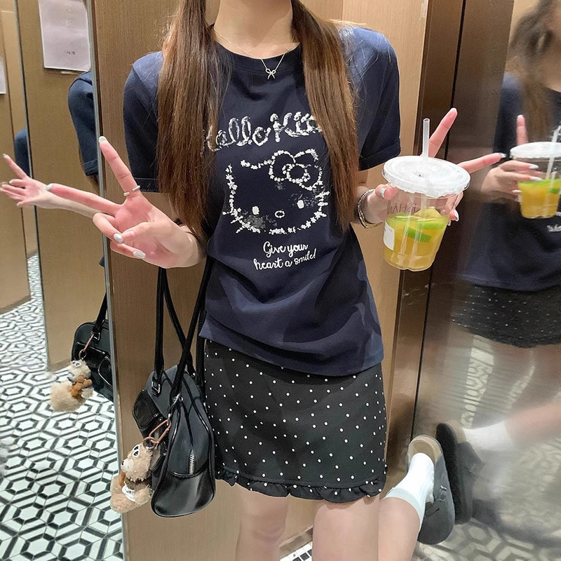 Summer Loose White T-shirt Women's Age-reducing Cartoon Kitty Cat Casual Lazy Style All-match Short-sleeved Top Women's Ins