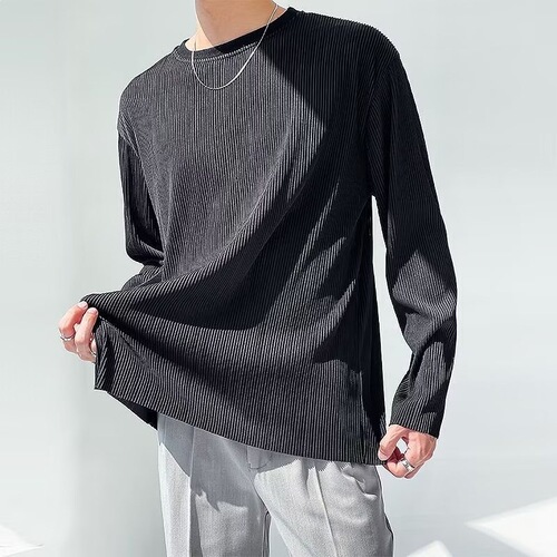 Hanging white long-sleeved t-shirt, men's spring and autumn loose pleated bottom shirt, ins trendy autumn high-end clothes