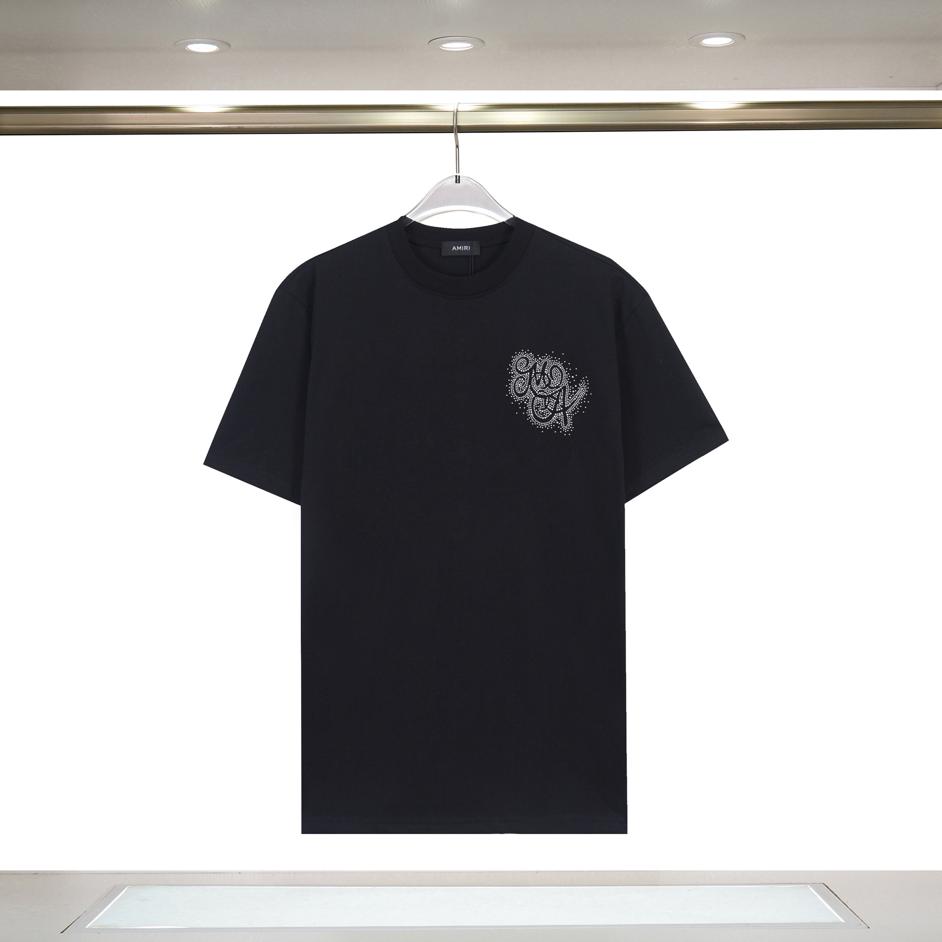 Amiri Cross-Border New AMIRI Letter Logo Hot Drilling Craft para hombres y mujeres camisetas de manga corta sueltas